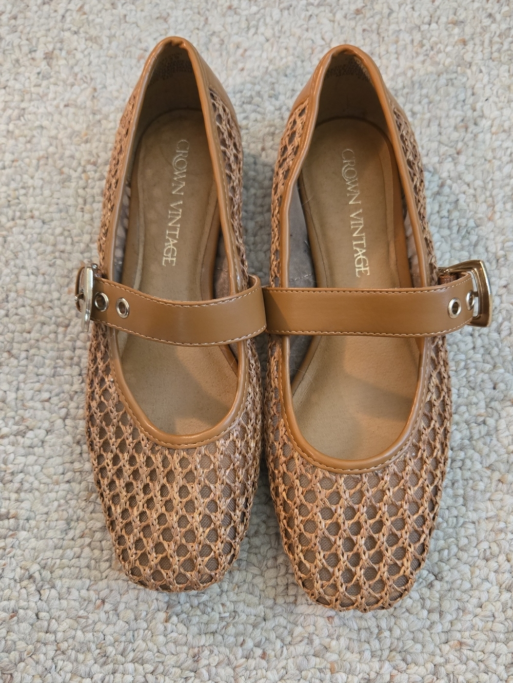 Crown Vintage Tan Woven Mary Jane Flats with Buckle Strap